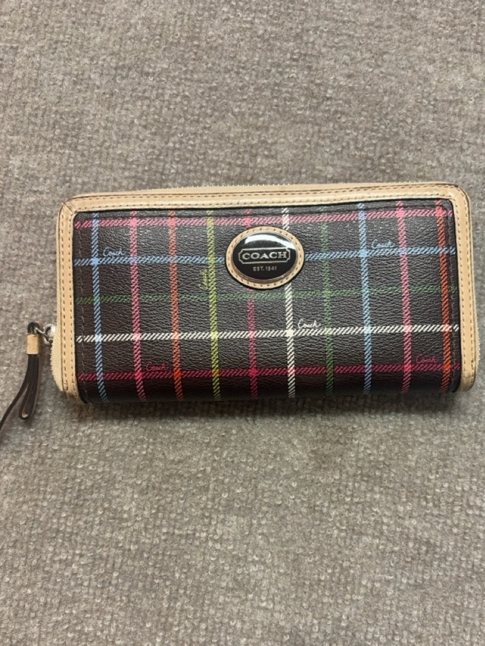 Coach Plaid Tartan Zip Around Wallet Multicolor Signature Long Wallet